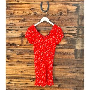 LULUS | Find Me There Red Floral Print Short Sleeve Skater Dress S